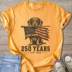 Dachshund holding American flag with 250 Years 1776-2026 text.