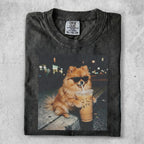 Fluffy Pomeranian dog wearing sunglasses holds a coffee cup.