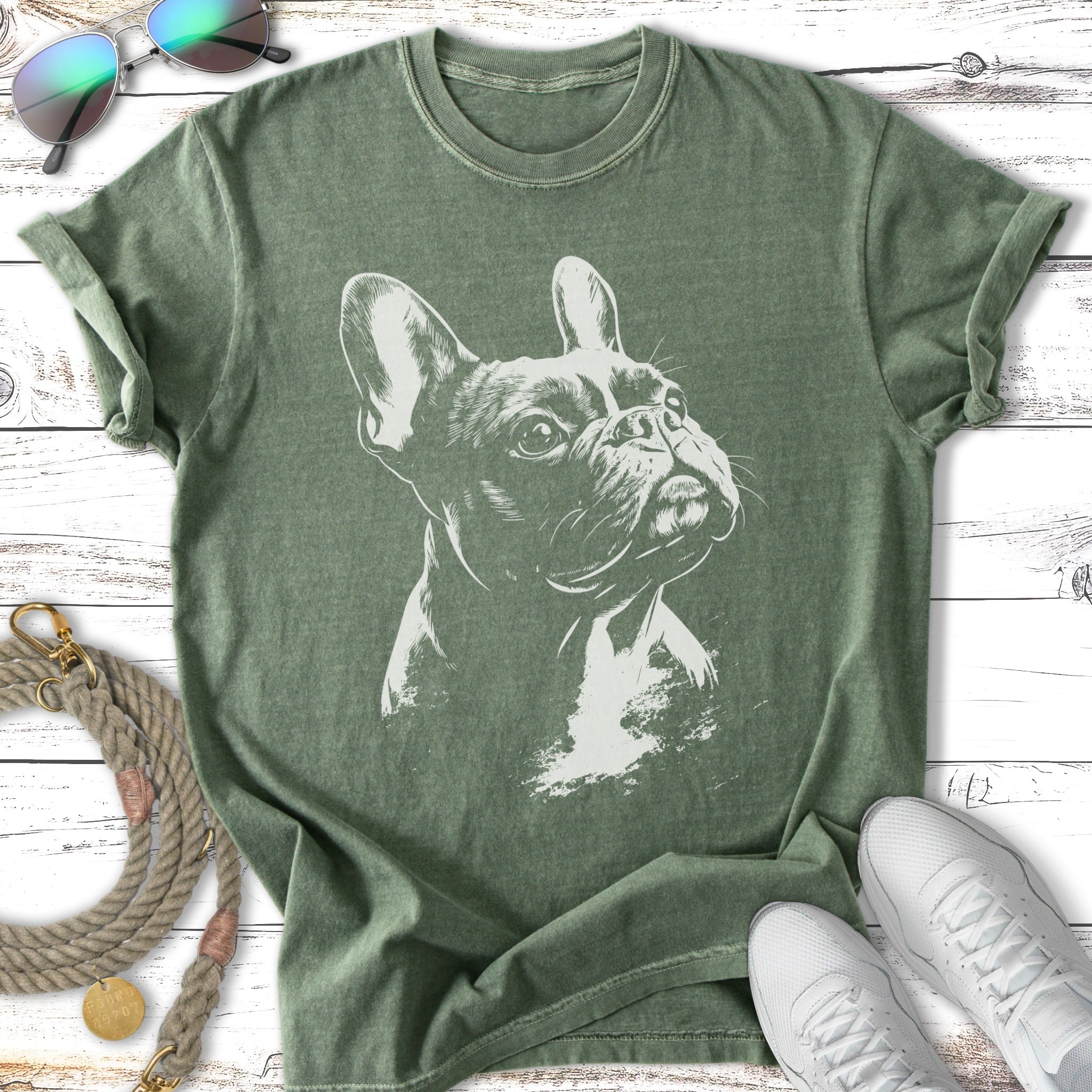 Green t-shirt with a sketch of a French Bulldog and white sneakers.