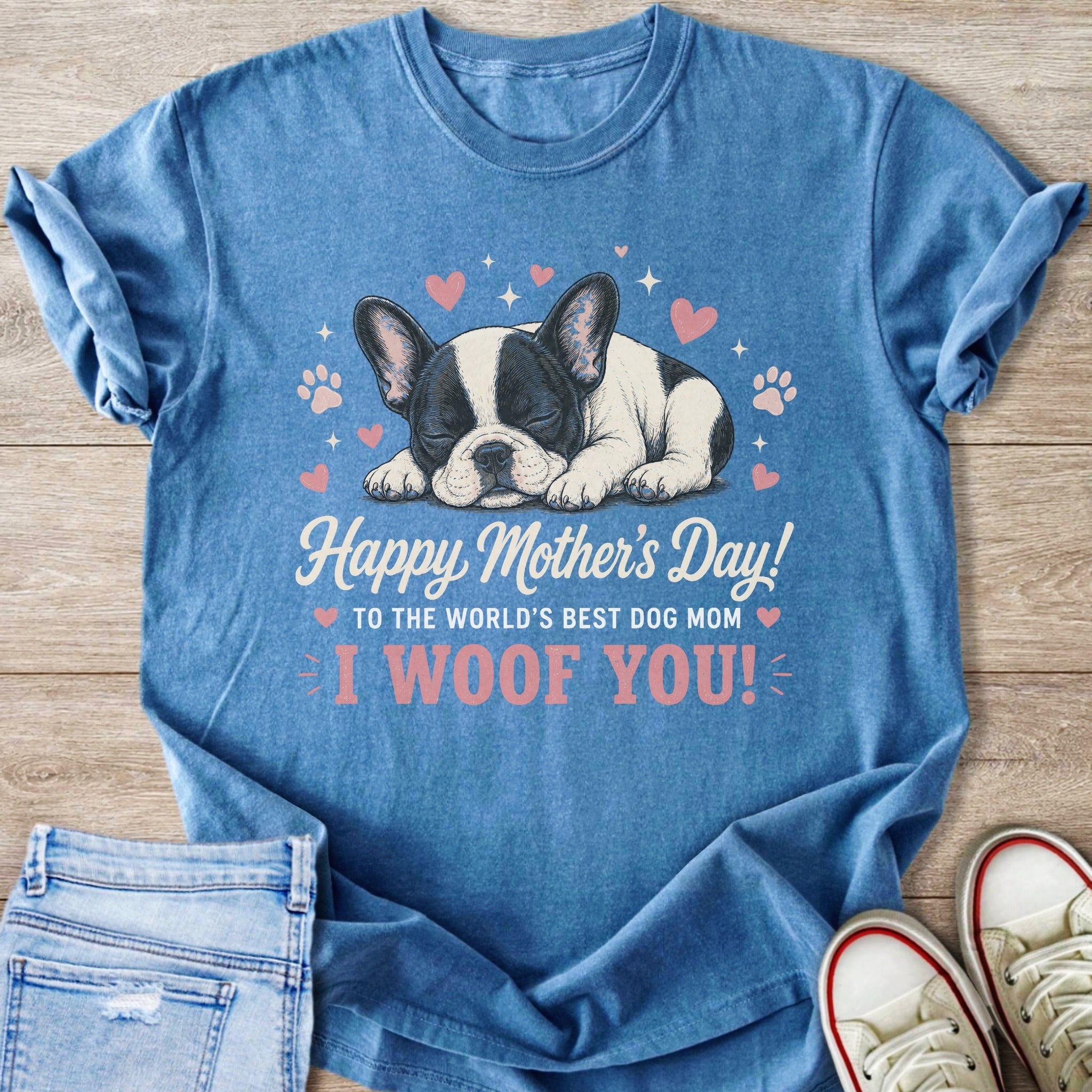 French Bulldog on blue t-shirt that says "Happy Mother's Day! To The World's Best Dog Mom. I Woof You!"