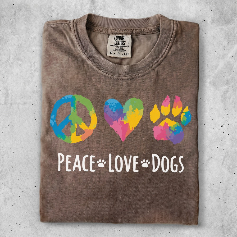 Brown t-shirt with peace sign, heart, and paw print with "Peace Love Dogs" text.