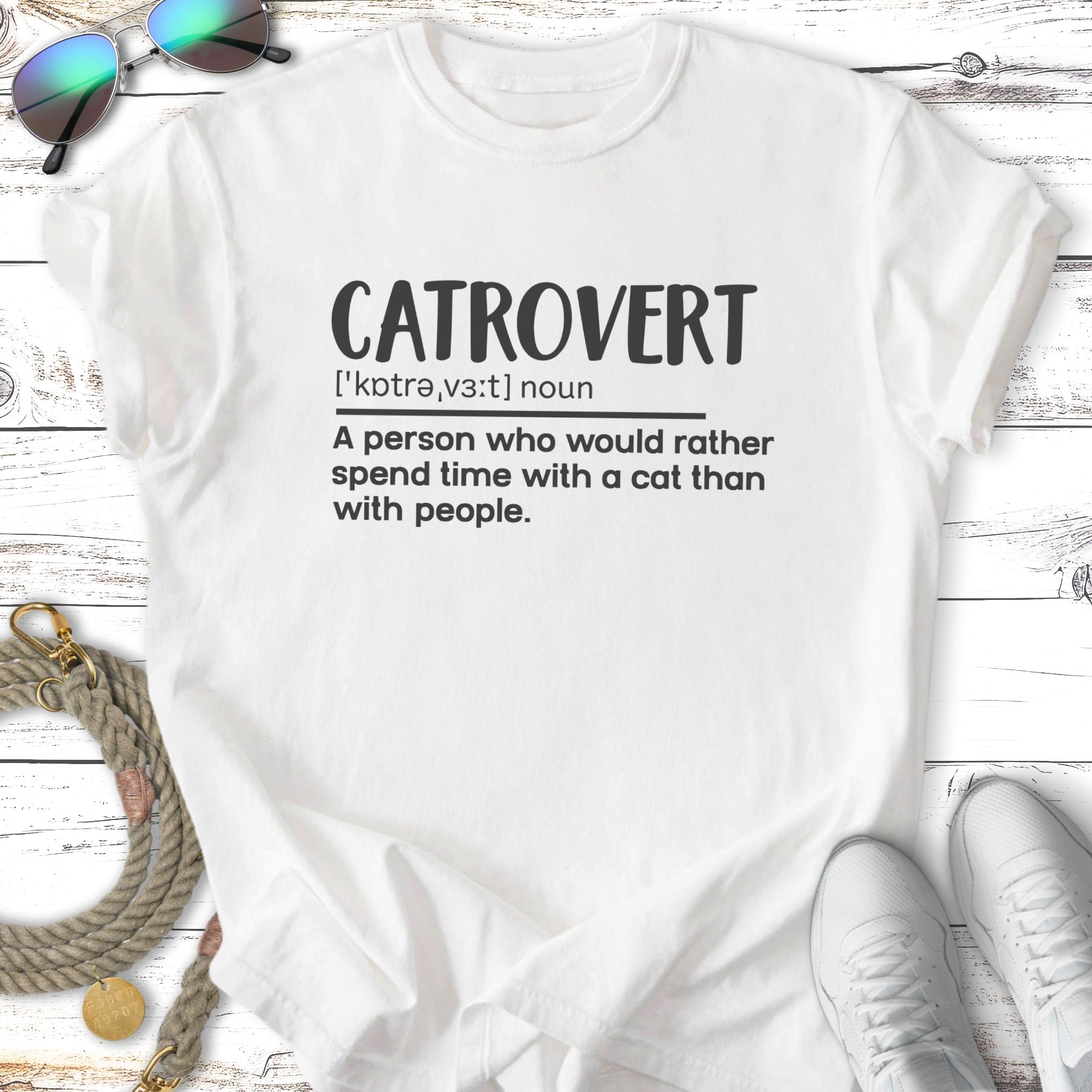 White t-shirt with "CATROVERT" definition and illustration.