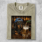 Dachshund dog wearing a blue baseball cap, pouring beer into a mug.