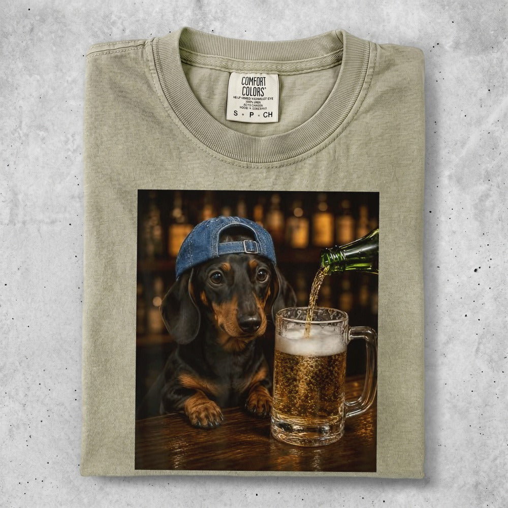 Dachshund dog wearing a blue baseball cap, pouring beer into a mug.