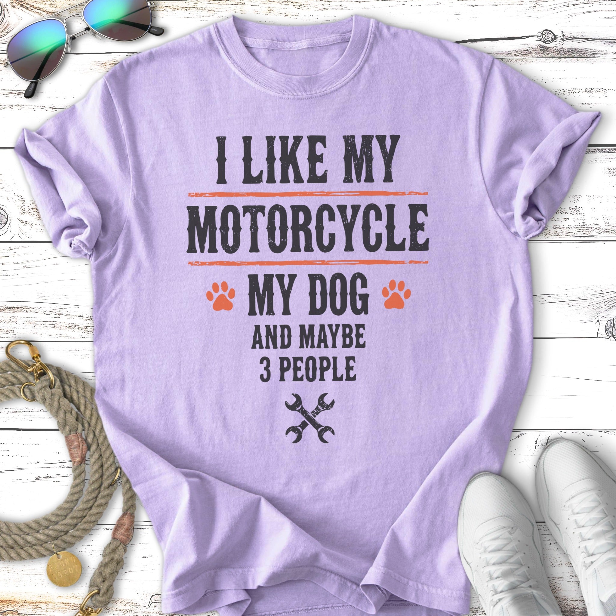 Purple t-shirt with "I like my motorcycle my dog and maybe 3 people" text.