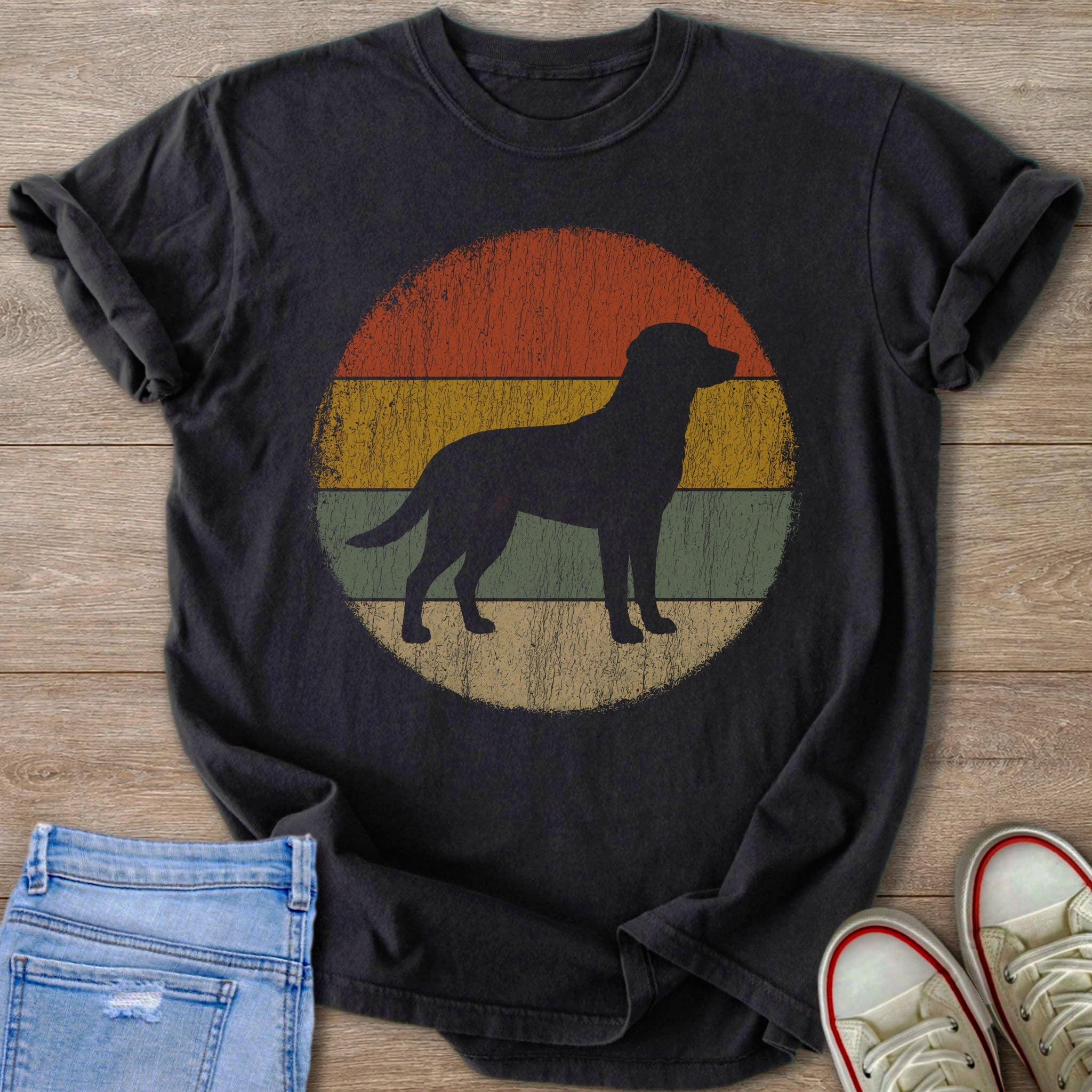 Black t-shirt with a distressed retro sunset design featuring a dog silhouette.