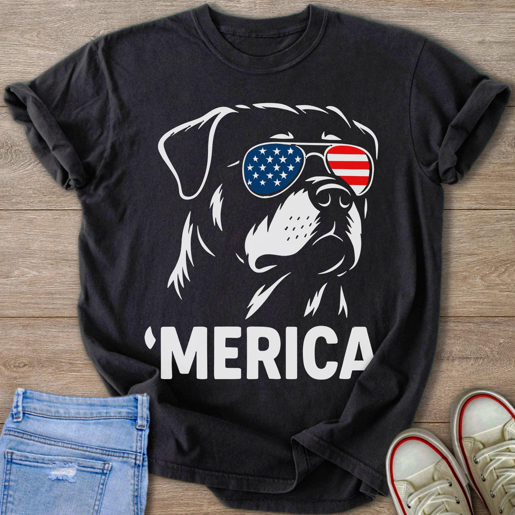 Black t-shirt with white Rottweiler wearing American flag sunglasses and "Merica" text.