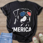 Black t-shirt with white Rottweiler wearing American flag sunglasses and "Merica" text.