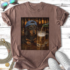 Dachshund in a baseball cap pours a beer in a dimly lit bar.