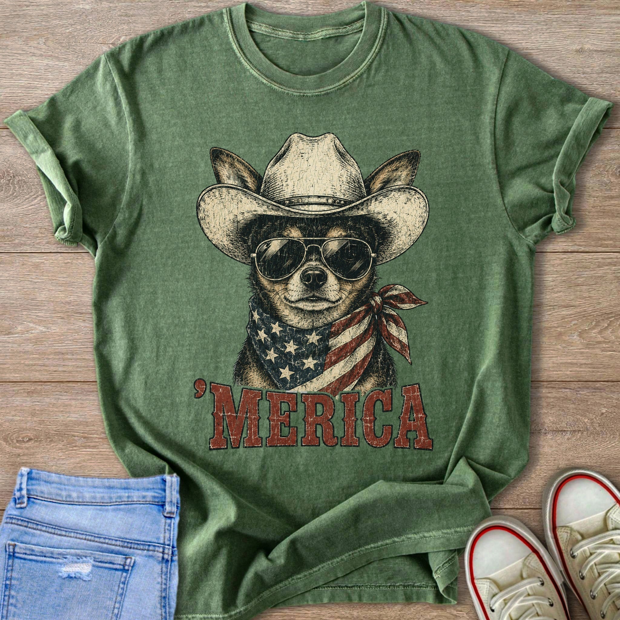 Green t-shirt with dog wearing cowboy hat, sunglasses, and American flag bandana.