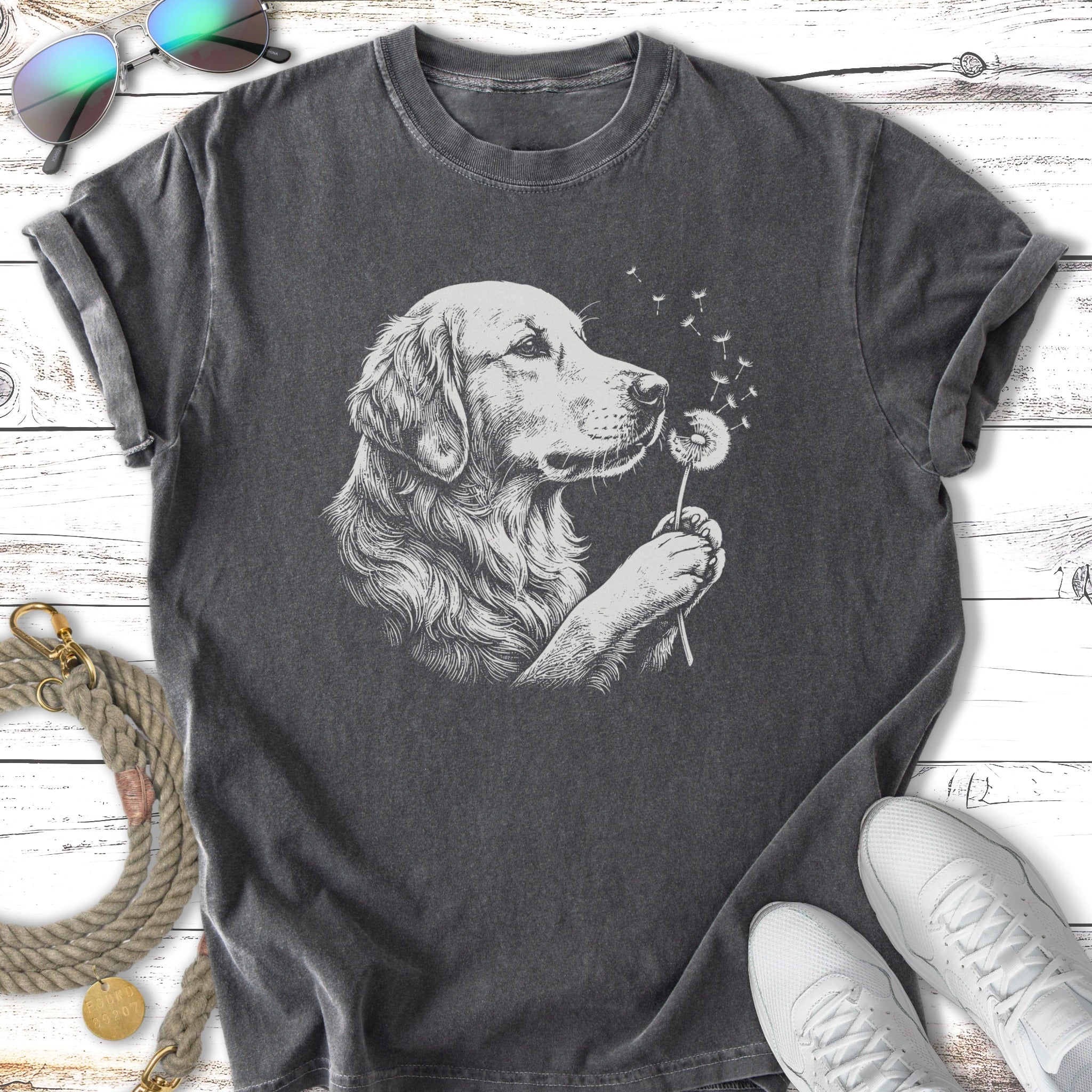 Golden Retriever dog blowing dandelion seeds on a dark t-shirt.