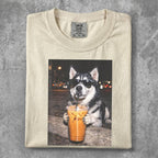 Husky dog wearing sunglasses holds a large iced coffee drink.