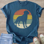 Blue t-shirt with vintage distressed dog silhouette on striped circle graphic.