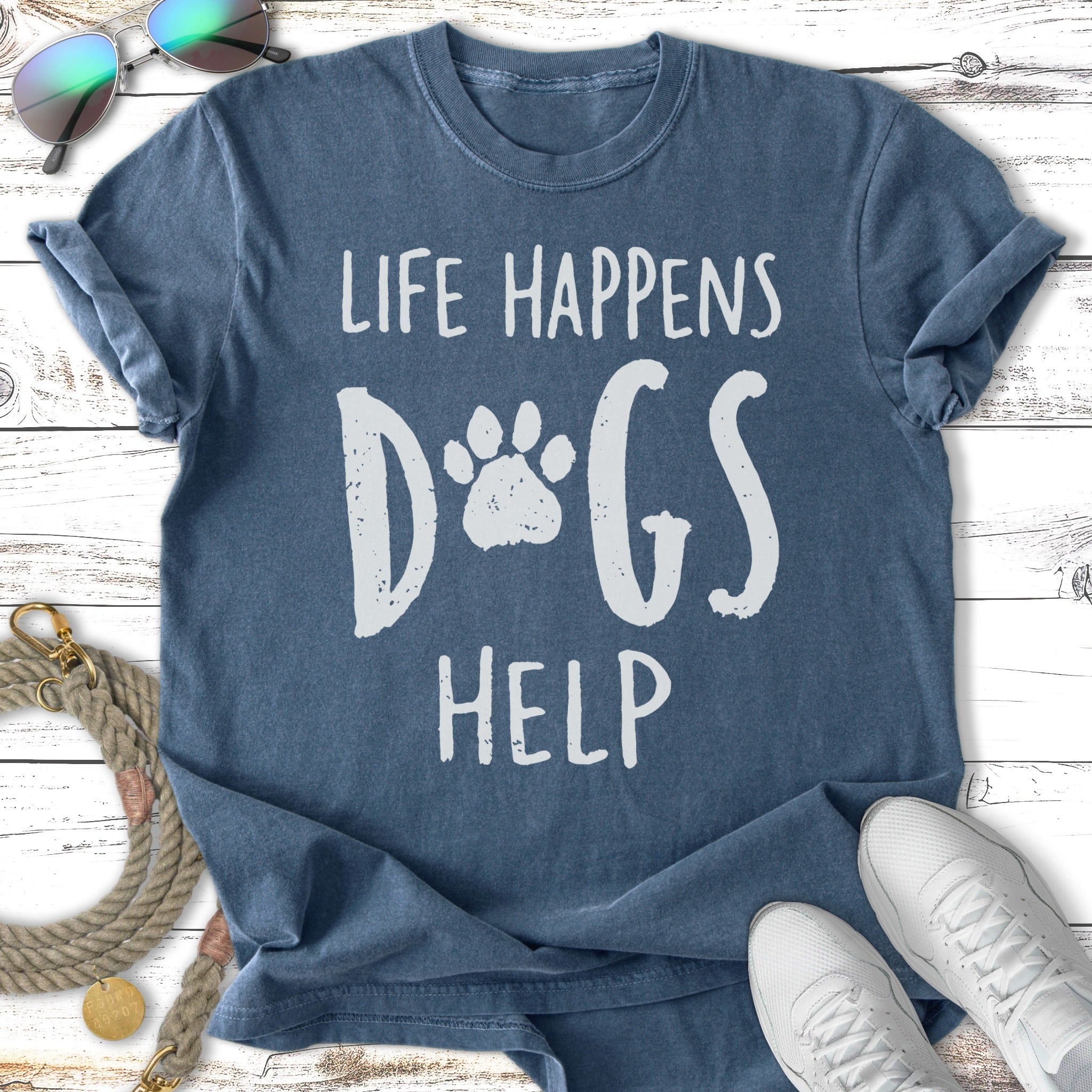 Distressed navy t-shirt with "Life Happens Dogs Help" graphic.