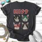 Four cats with KISS band makeup on a dark t-shirt.