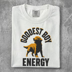White t-shirt with "GOODEST BOY ENERGY" text and golden retriever graphic.