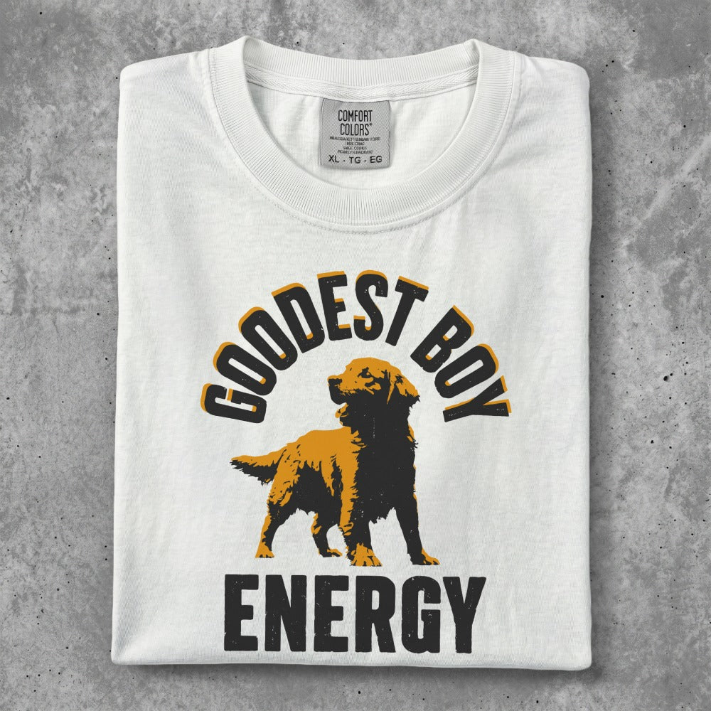 White t-shirt with "GOODEST BOY ENERGY" text and golden retriever graphic.