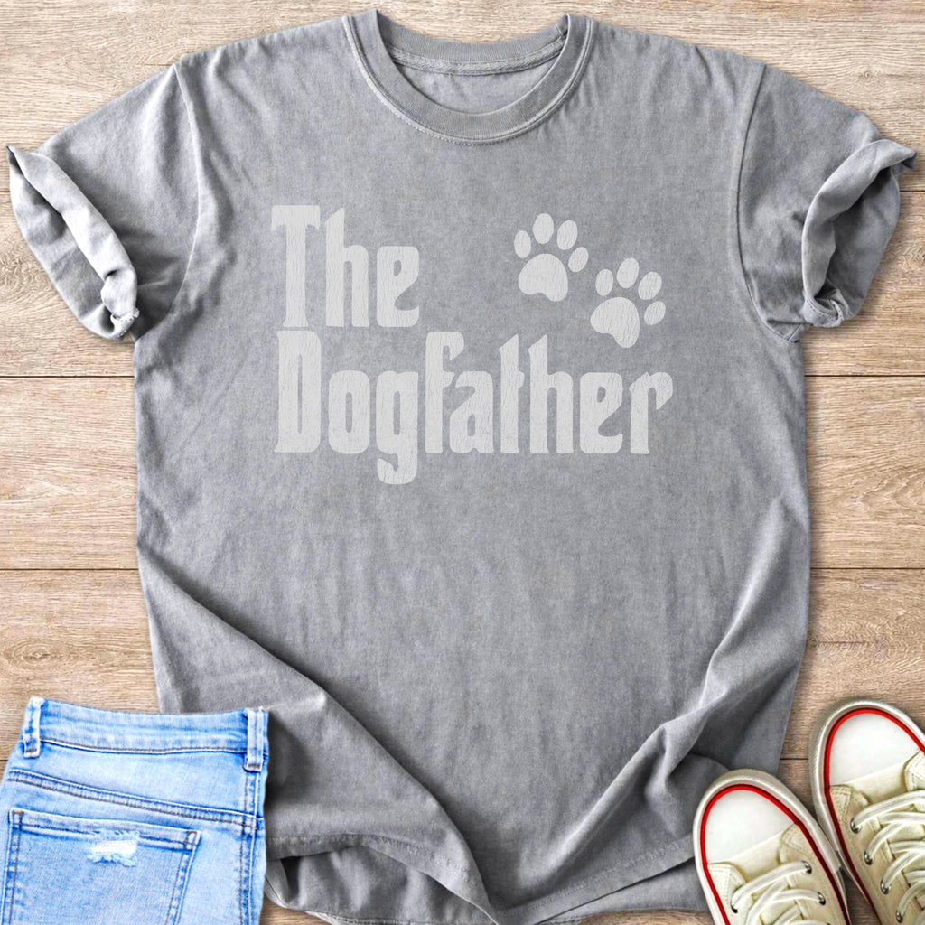 Grey t-shirt with "The Dogfather" text and paw prints.