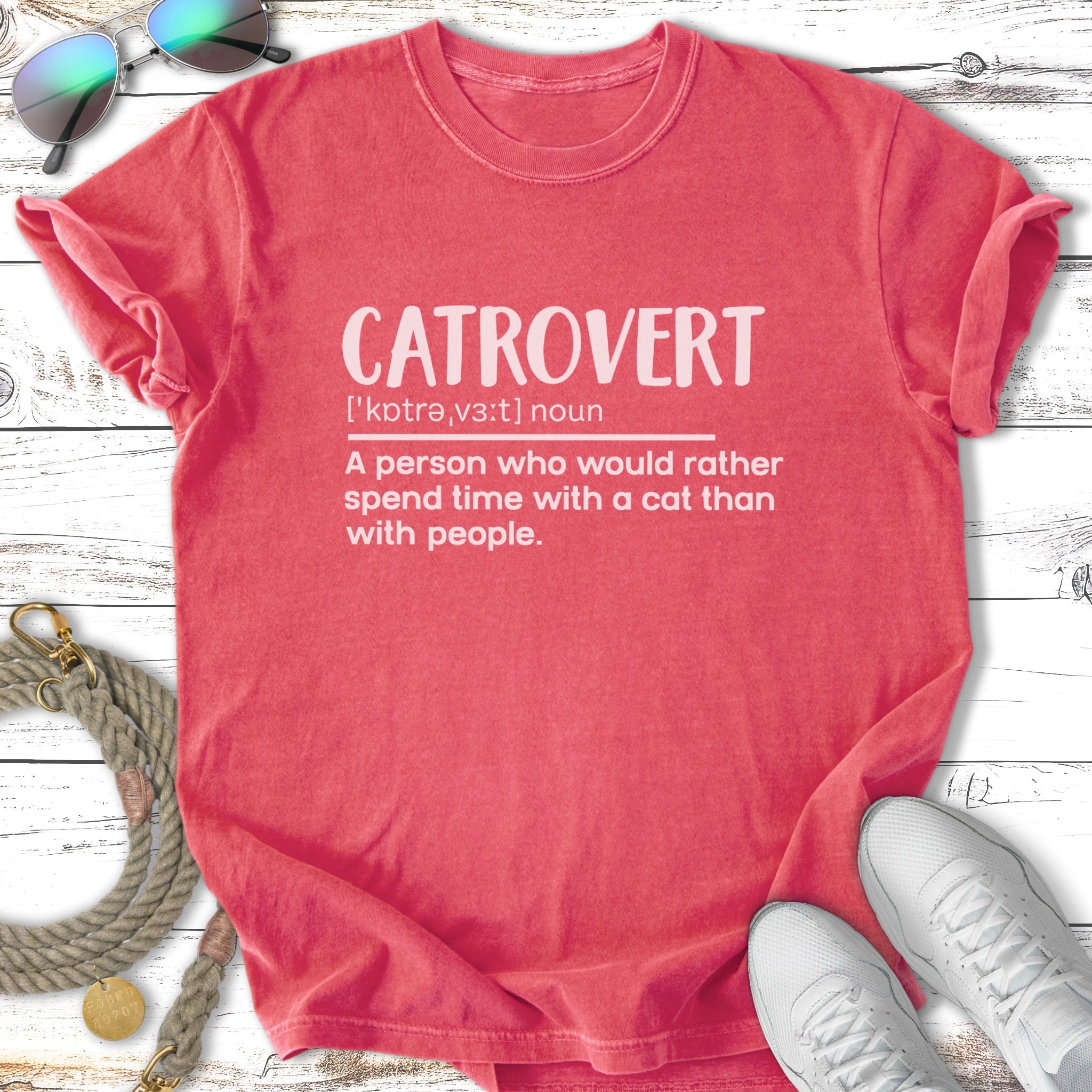 Red t-shirt with "CATROVERT" and definition printed in white text.