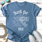 Blue t-shirt with white graphic of a snarling wolf and text "bark for me".