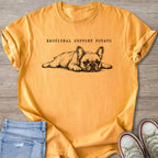 Yellow t-shirt with black sketch of French bulldog and "Emotional Support Potato" text.