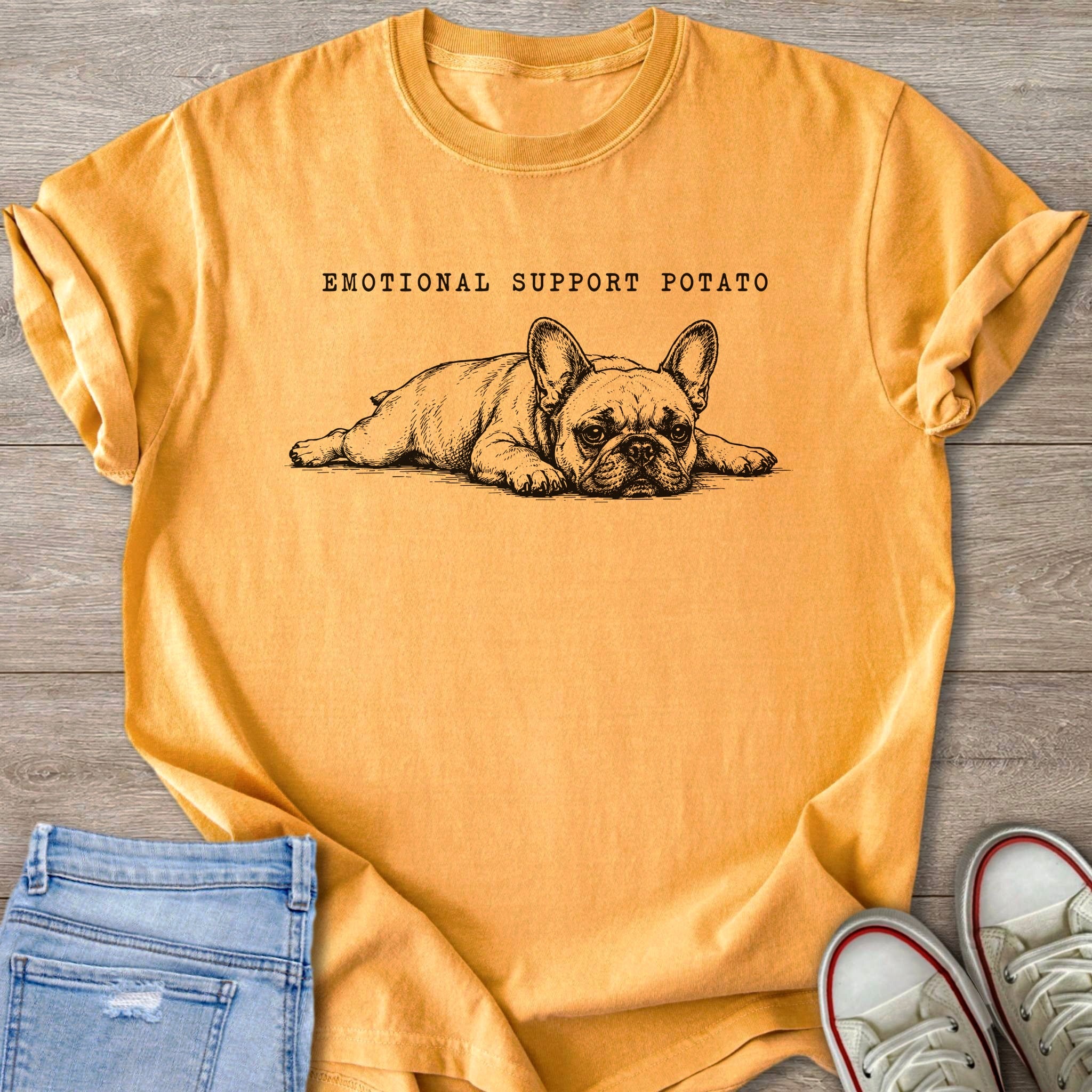Yellow t-shirt with black sketch of French bulldog and "Emotional Support Potato" text.