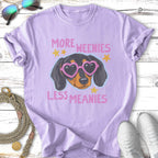 Lavender t-shirt with a dachshund wearing heart-shaped sunglasses and text.