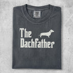 Dark grey t-shirt with "The Dachfather" and dachshund graphic.