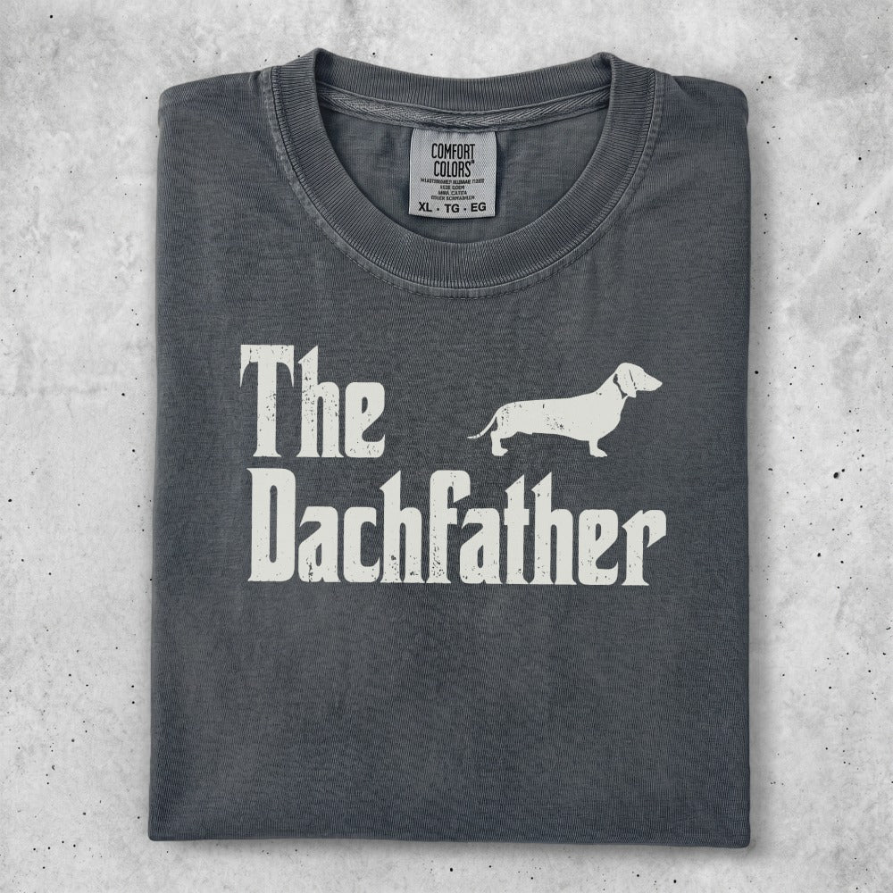 Dark grey t-shirt with "The Dachfather" and dachshund graphic.