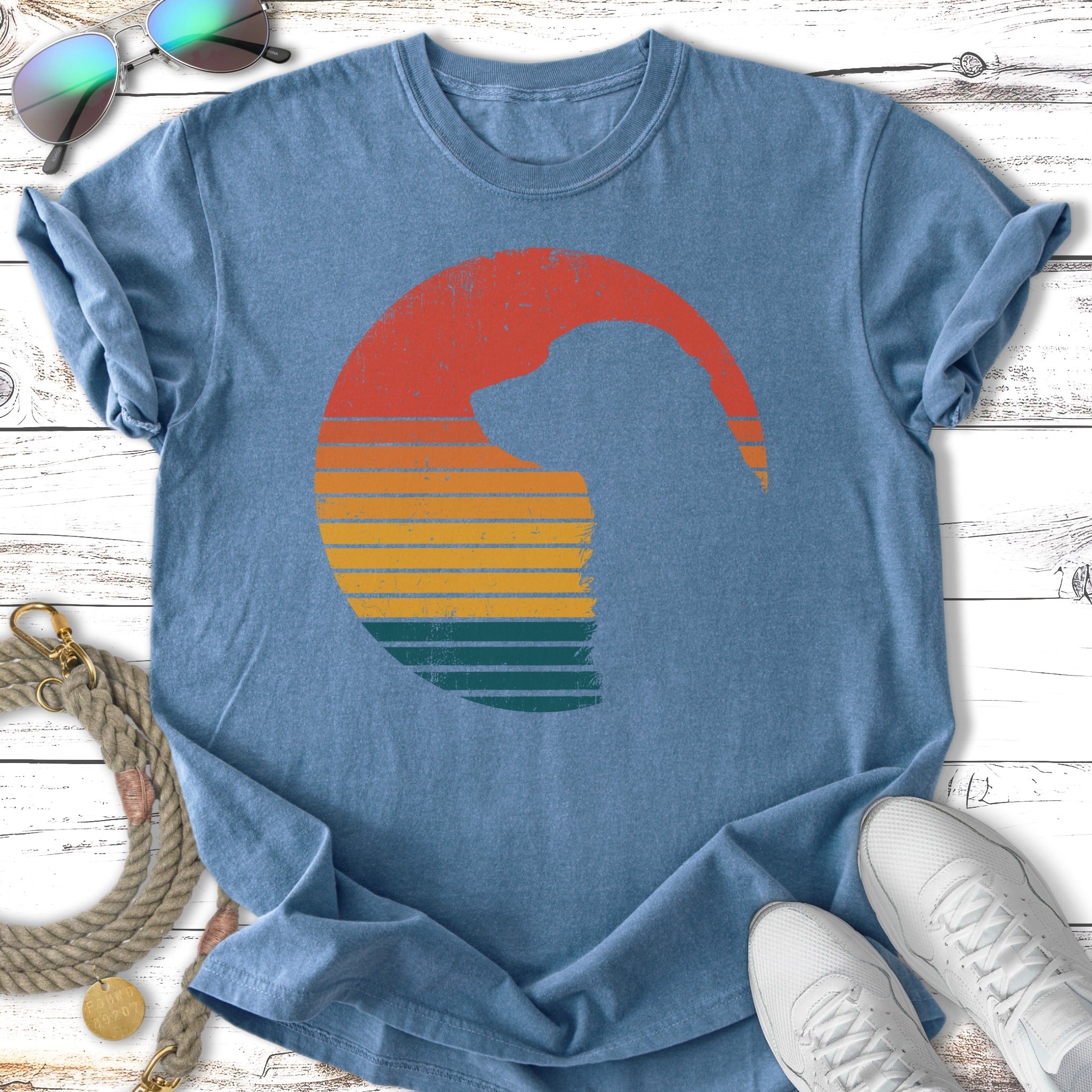 Blue t-shirt with a dog silhouette within a colorful striped circle.