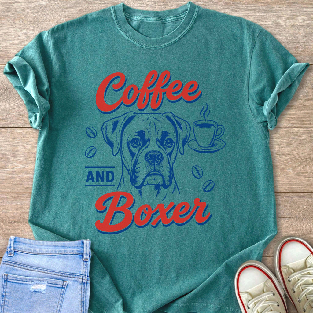 Teal t-shirt with "Coffee AND Boxer" text and boxer dog graphic.