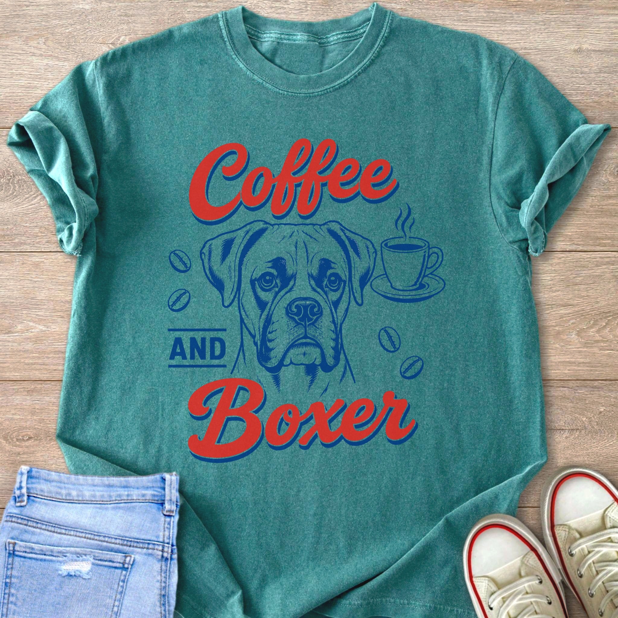 Teal t-shirt with "Coffee AND Boxer" text and boxer dog graphic.
