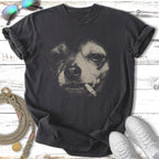Dark grey t-shirt with a black and white illustration of a chihuahua smoking a cigarette.