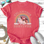 Chlamydia survivor cat with rainbow and clouds graphic on a red t-shirt.