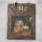 Golden retriever wearing a blue hat pours beer into a mug.