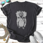 Black t-shirt with a stylized light grey kitten graphic.