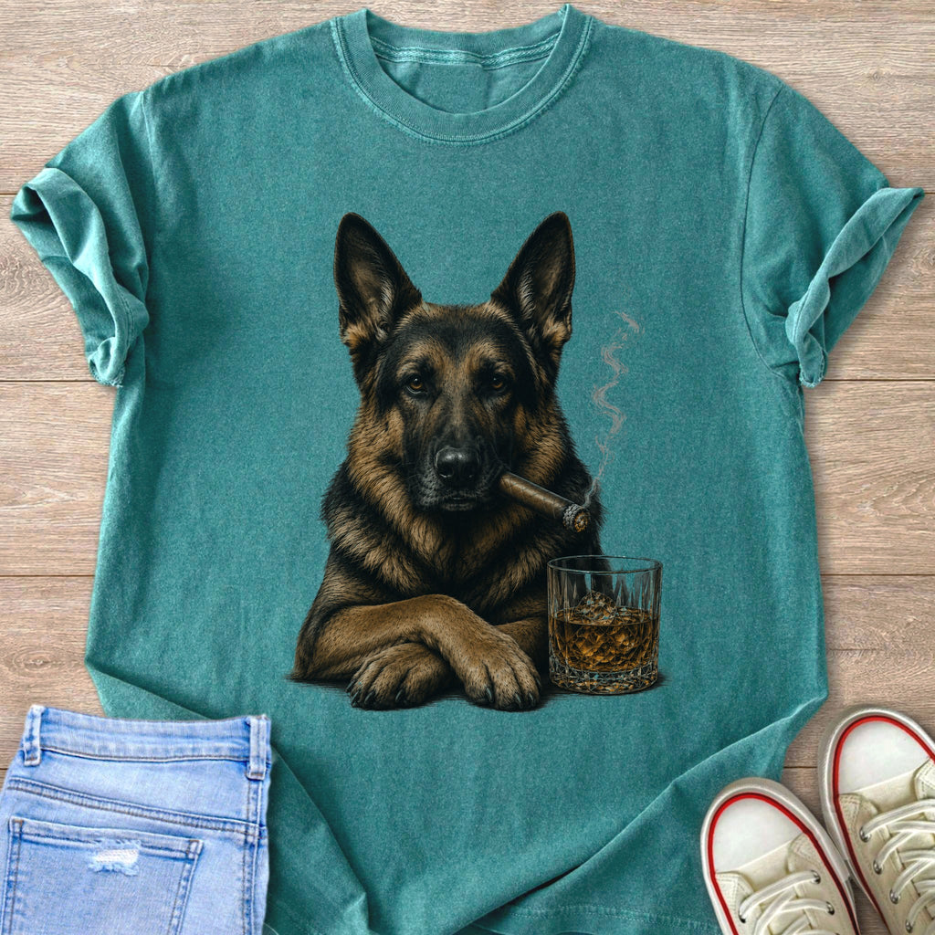 German Shepherd with cigar and whiskey on teal t-shirt.