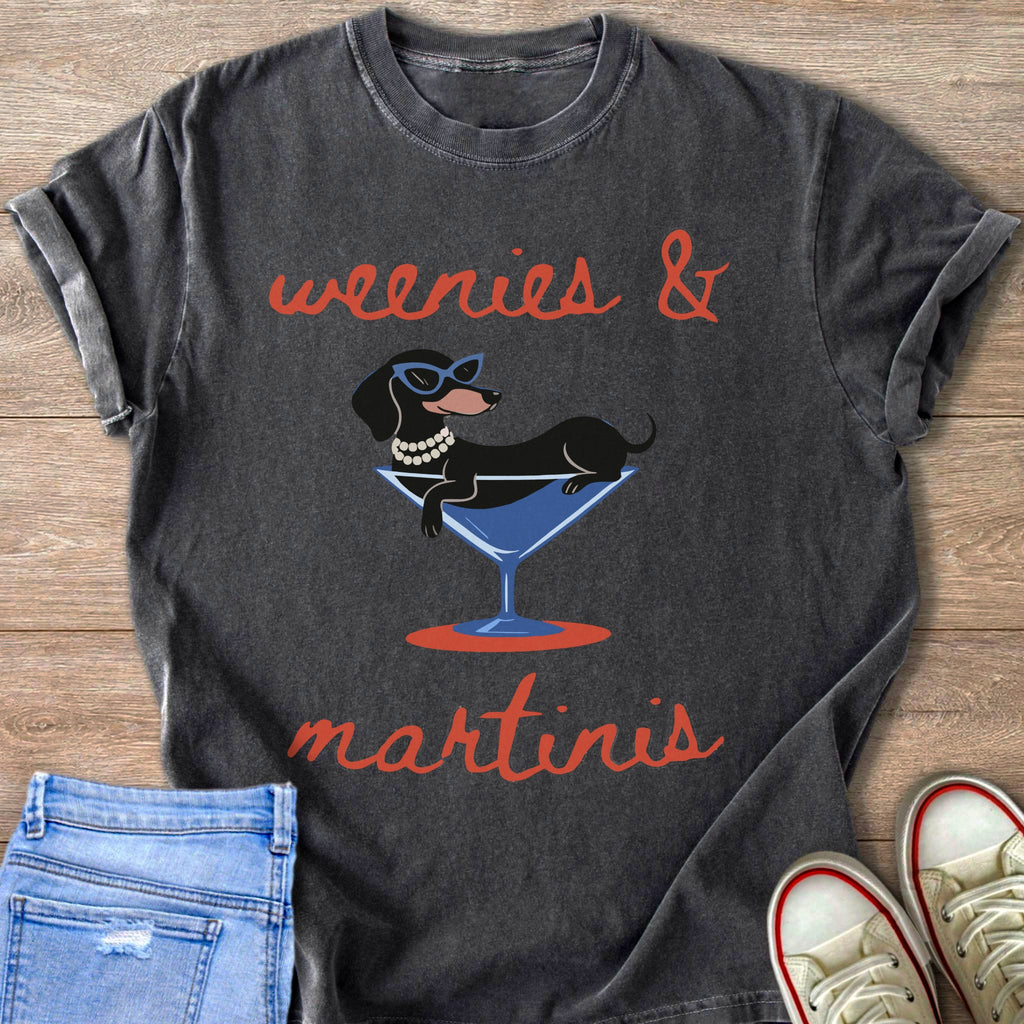 Dachshund wearing sunglasses and pearls in martini glass, text "weenies & martinis."