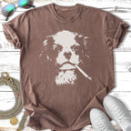 T-shirt with a white graphic of a Cavalier King Charles Spaniel wearing sunglasses and smoking.