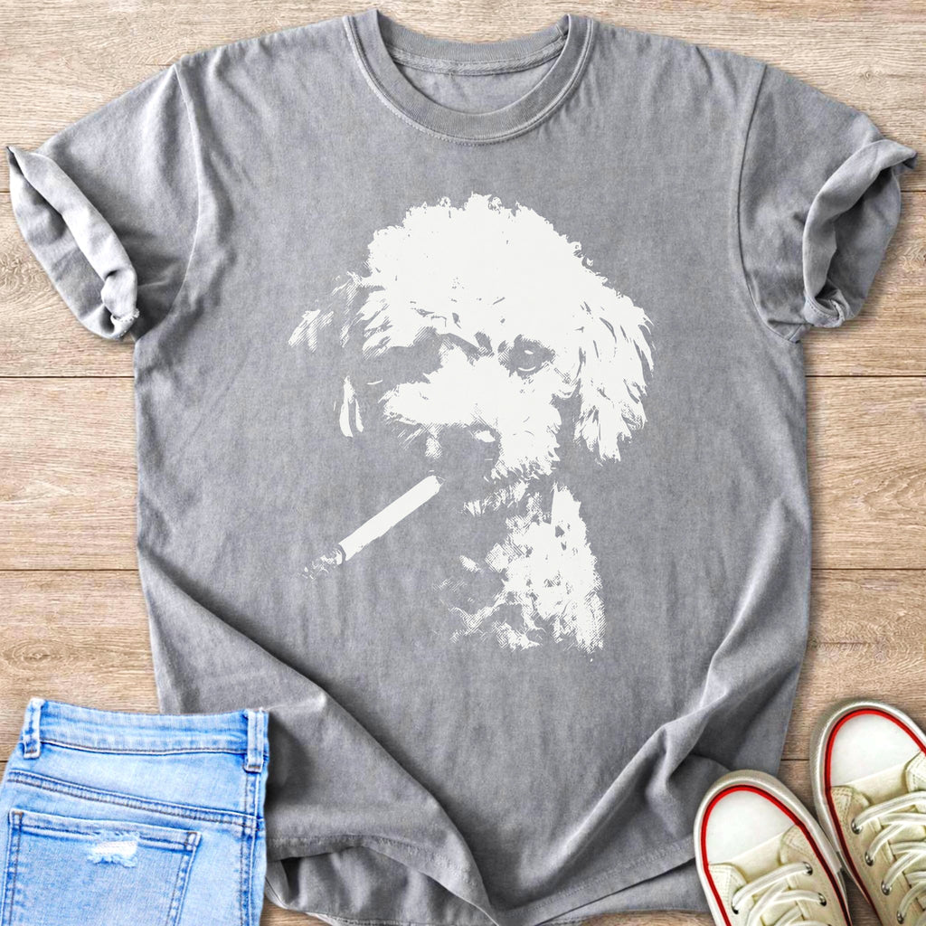 Grey t-shirt with a white graphic of a dog smoking a cigarette
