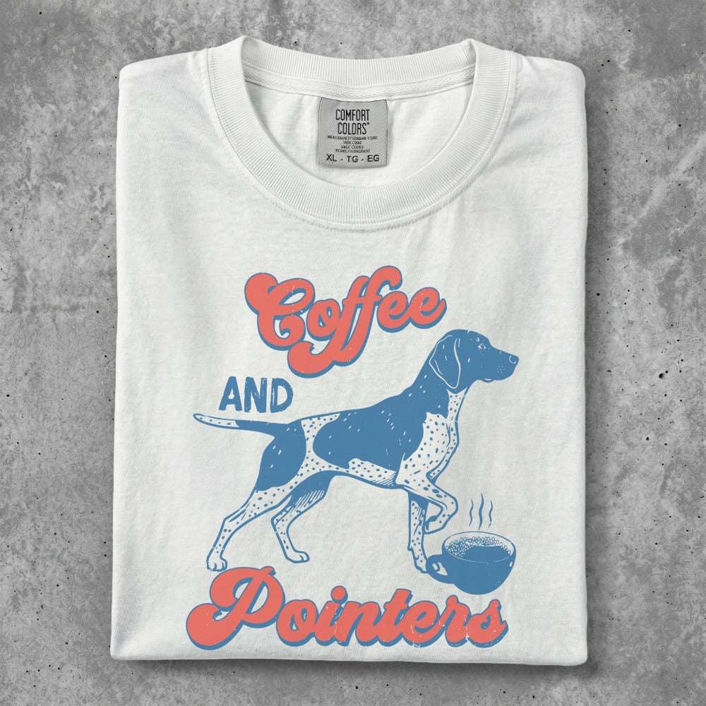 White t-shirt with "Coffee and Pointers" text and a dog near a coffee cup.