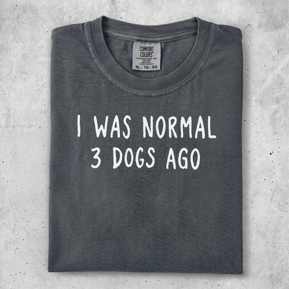 Dark gray t-shirt with white text reading "I WAS NORMAL 3 DOGS AGO".
