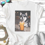 Husky dog wearing sunglasses drinks iced coffee.