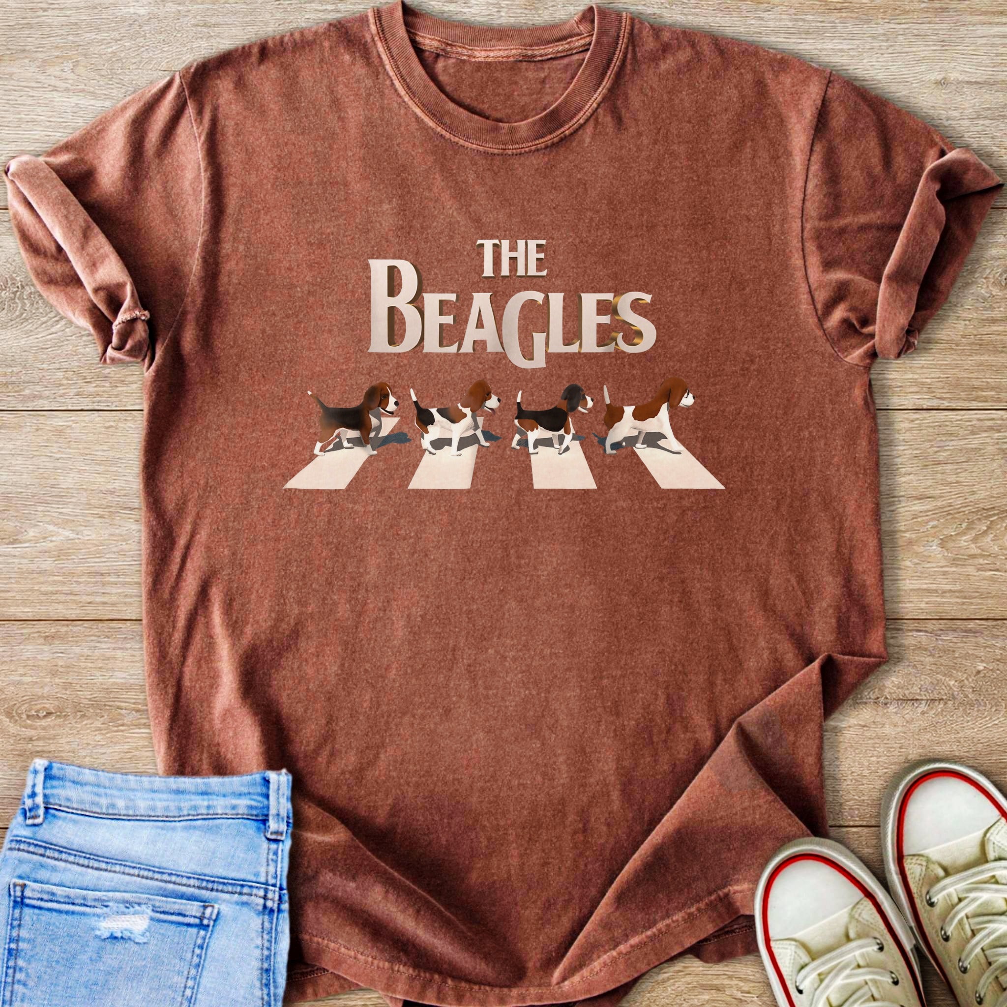 T-shirt with "The Beagles" text and four beagles walking on Abbey Road.