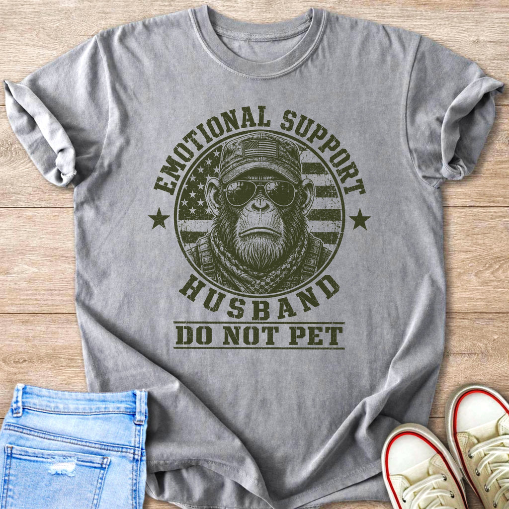 Gray t-shirt with vintage graphic of a chimpanzee wearing sunglasses and a military cap.