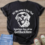 Black t-shirt with white graphic of a dog wearing sunglasses and text.