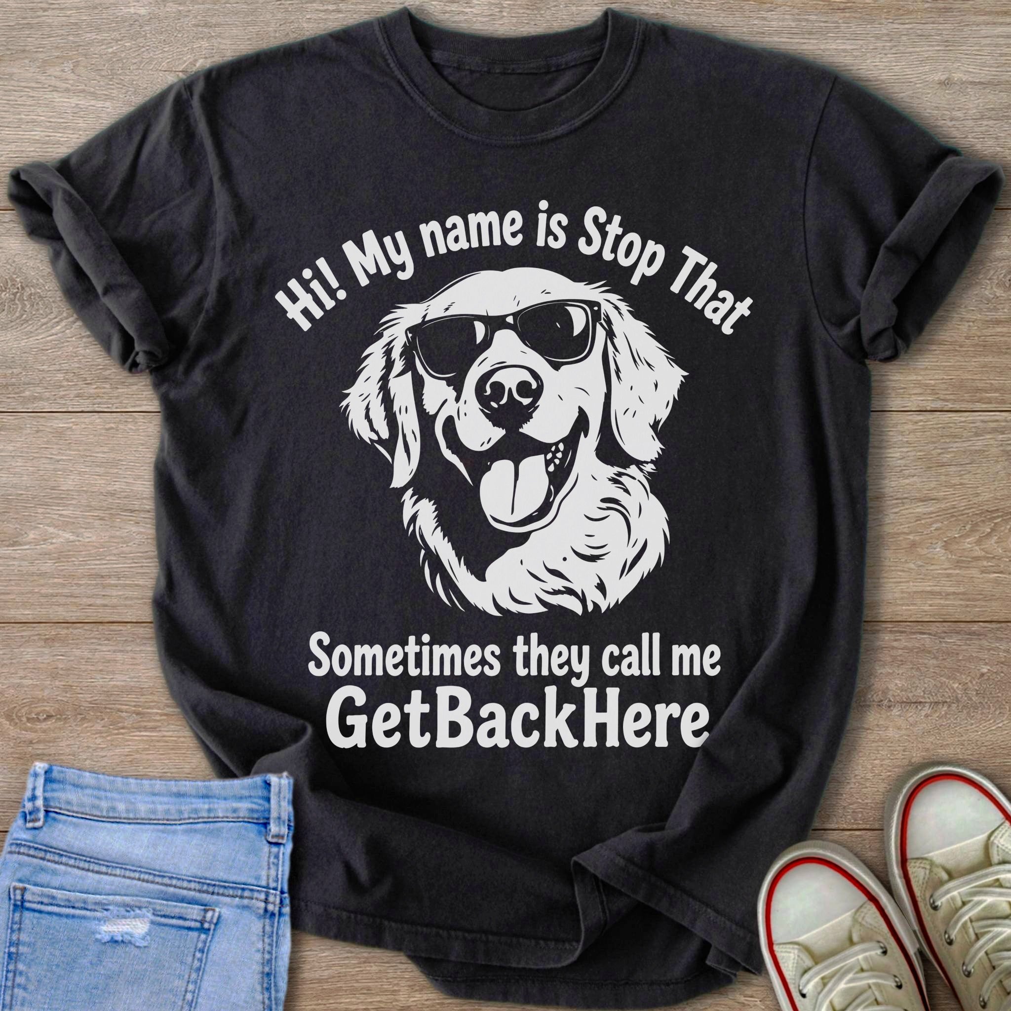 Black t-shirt with white graphic of a dog wearing sunglasses and text.