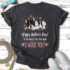 Black and white French bulldog lying down with "Happy Mother's Day! I WOOF YOU!" text.