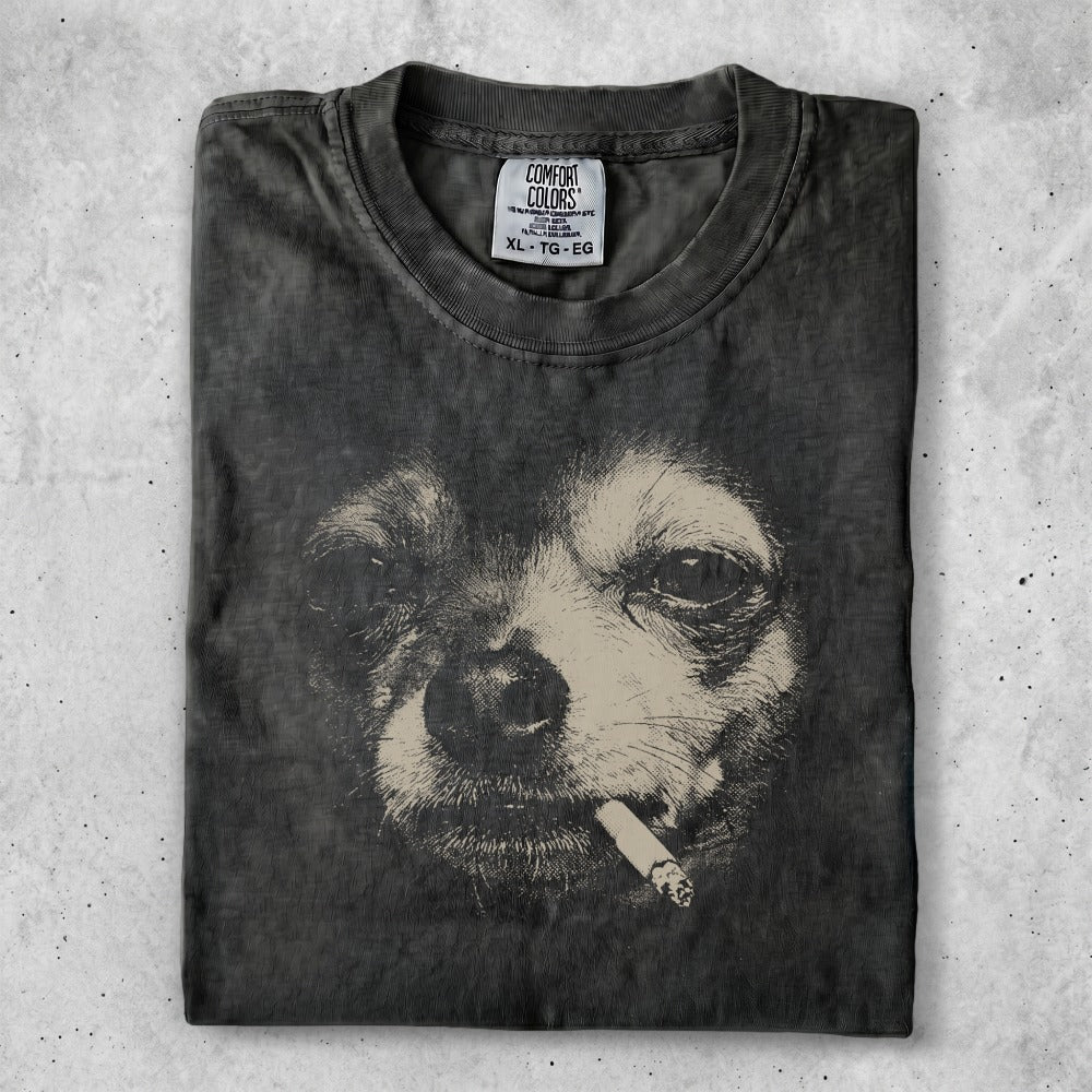 Black t-shirt with graphic of a dog smoking a cigarette.