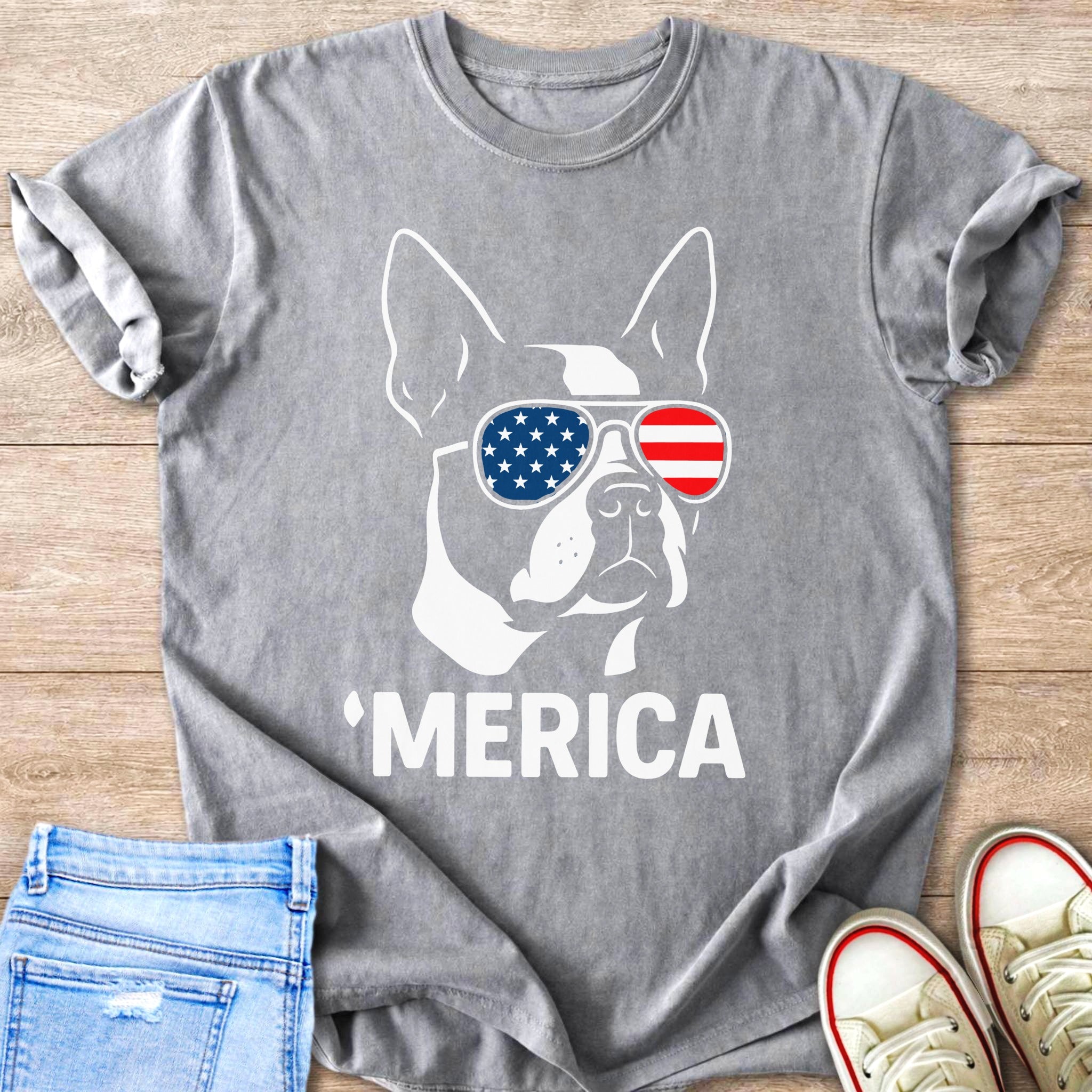 Gray t-shirt with white French bulldog wearing American flag sunglasses and text, "'MERICA".